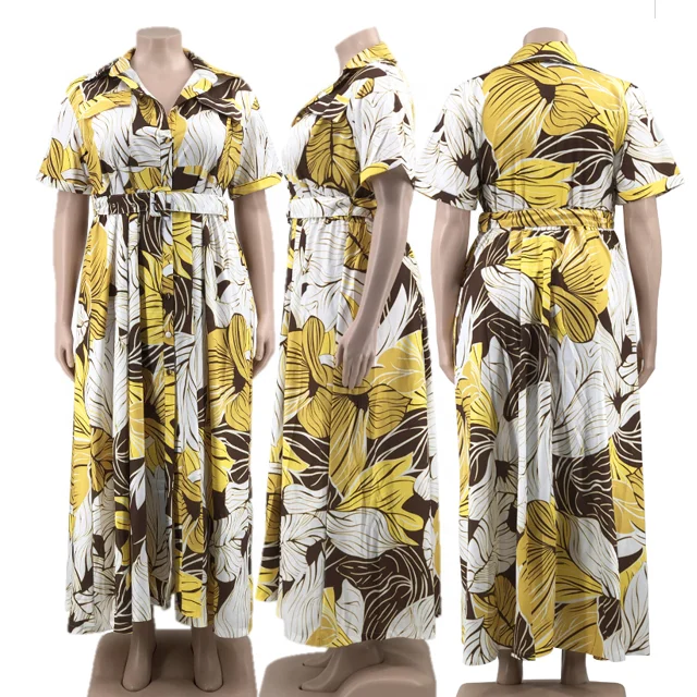 New Arrival Color Print Casual Cape Ladies Long Cardigan Short Sleeve Long Shirt Maxi Dress Plus Size Women Dress with Belt