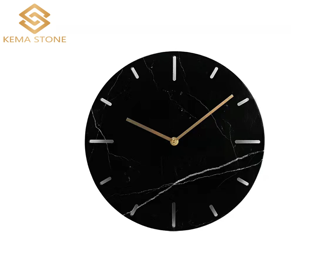 New Design Round Natural Stone Black Marquina Marble Wall Clock for Living Room