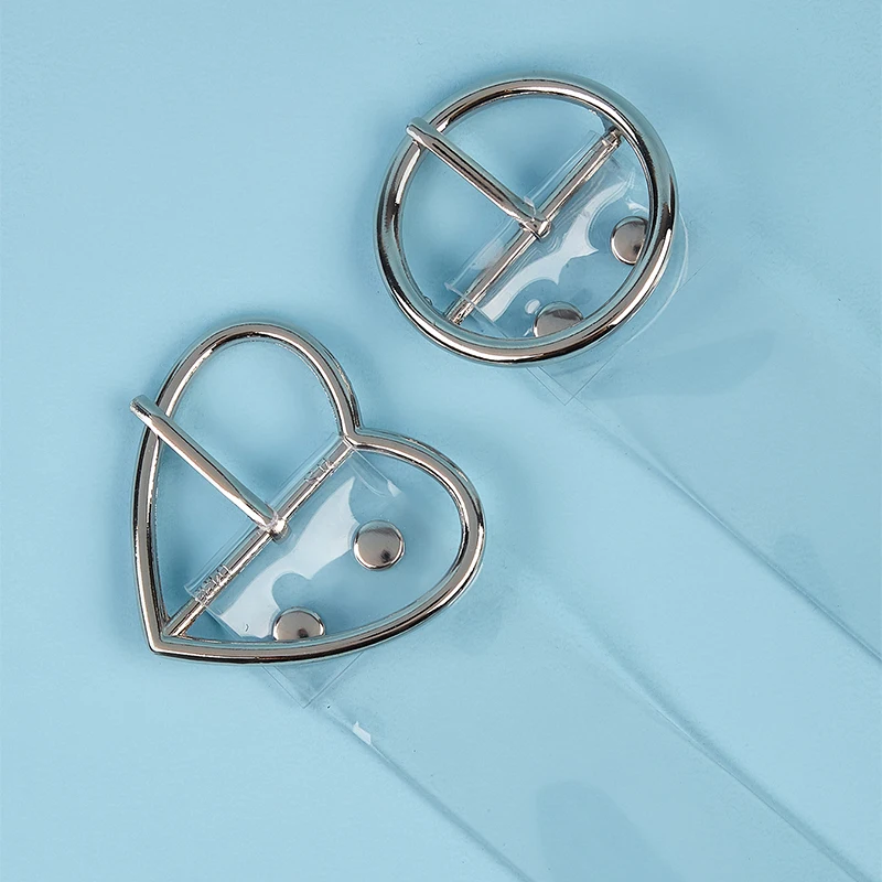 2Pcs Fully Transparent Belt Ins Wind Skirt Female Silver Round Button And Silver Love Button Pvc Plastic Belt