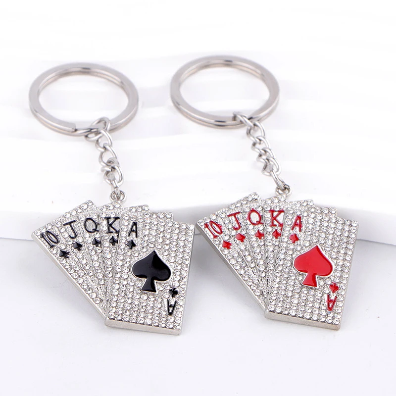 Wholesale Key Charms Keyring Full Crystal Red Black Hearts Spades Playing Card Poker Keychain For Women Men