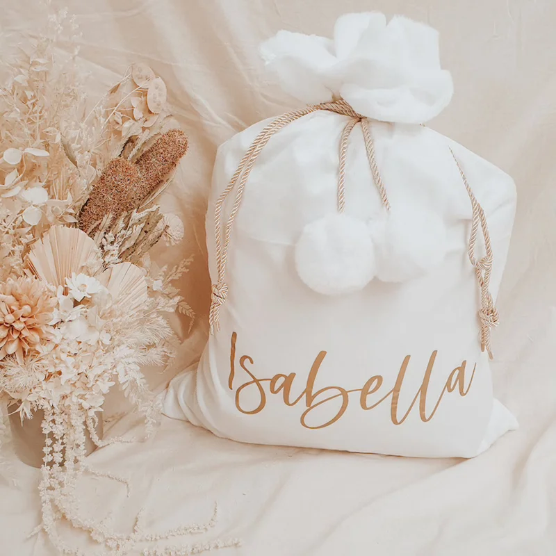 Праздничный Санта-мешок хорошего качества, мягкий бархат с большими помпонами, монограмма, бархатные рождественские мешки