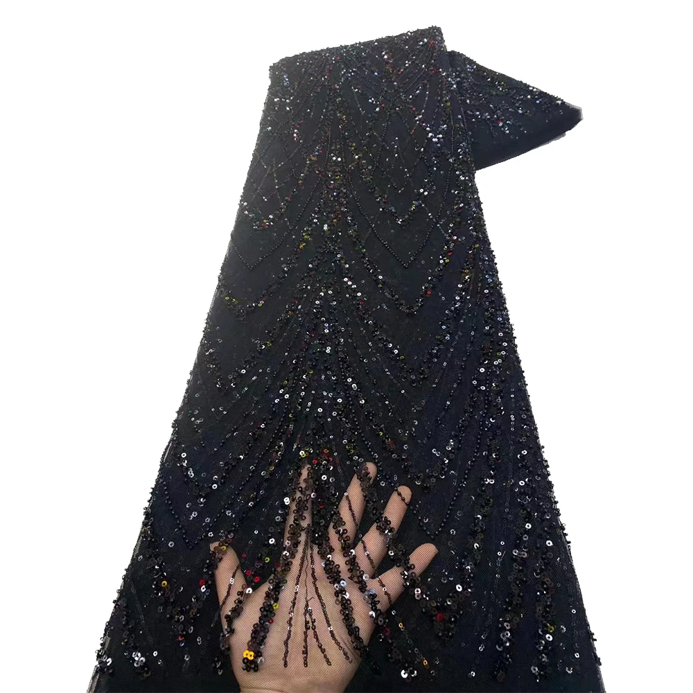 NI.AI Baby Pink Sequins French Lace Fabric With Sequence And Embroidered High Quality Beaded Lace Fabric For Women Party Dress