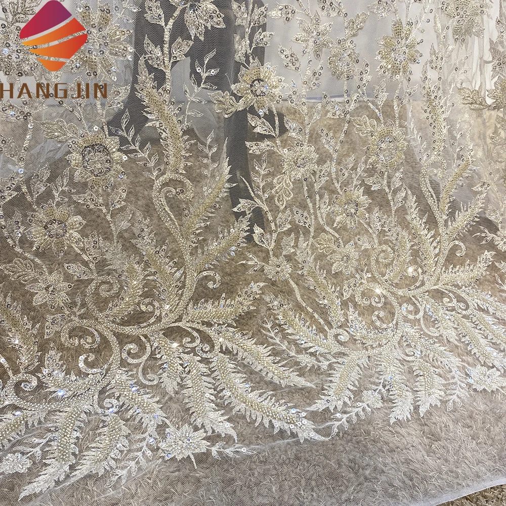 Luxury Champagne French Bridal Lace Fabric Pearls Embroidery Beaded Tulle Lace For Party Wedding Dress