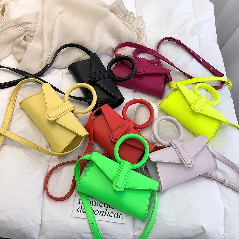 Hot Light Color Glitter Neon Bag Women Retro Square Messenger Ring Handle Crossbody Handbag