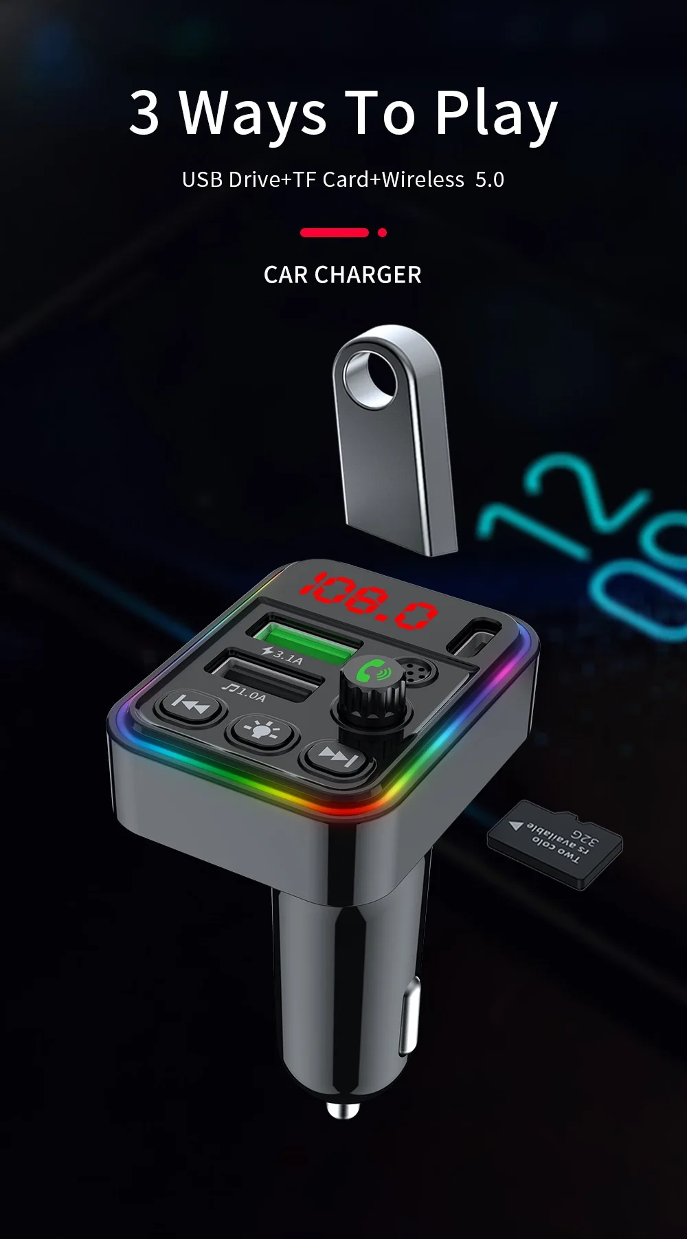 F19 New car Bluetooth MP3 player FM transmitter car charging dual USB Bluetooth receiver Type-c charging