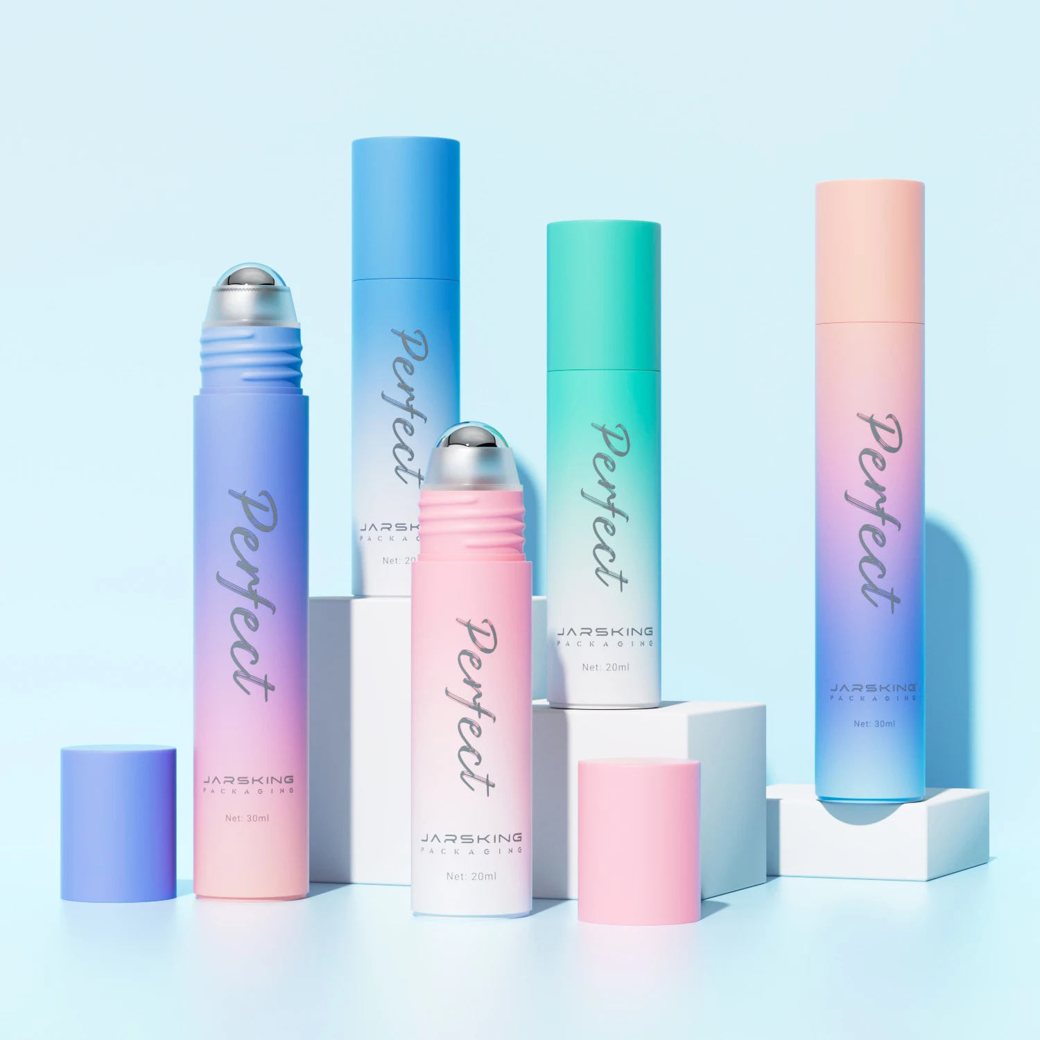 Wholesale OEM 20ml 30ml custom logo empty round tall frosted luxury plastic perfume eye oil roll on bottle with roller ball