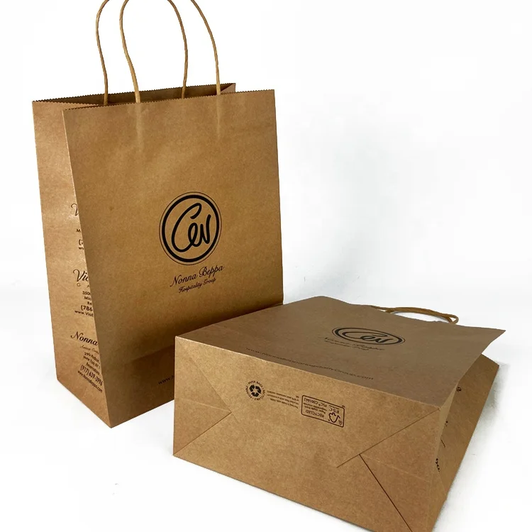 Custom Logo Print Simple Design Brown and White Recyclable Carry Boutique Shopping Eco Paper Bags with Your Own