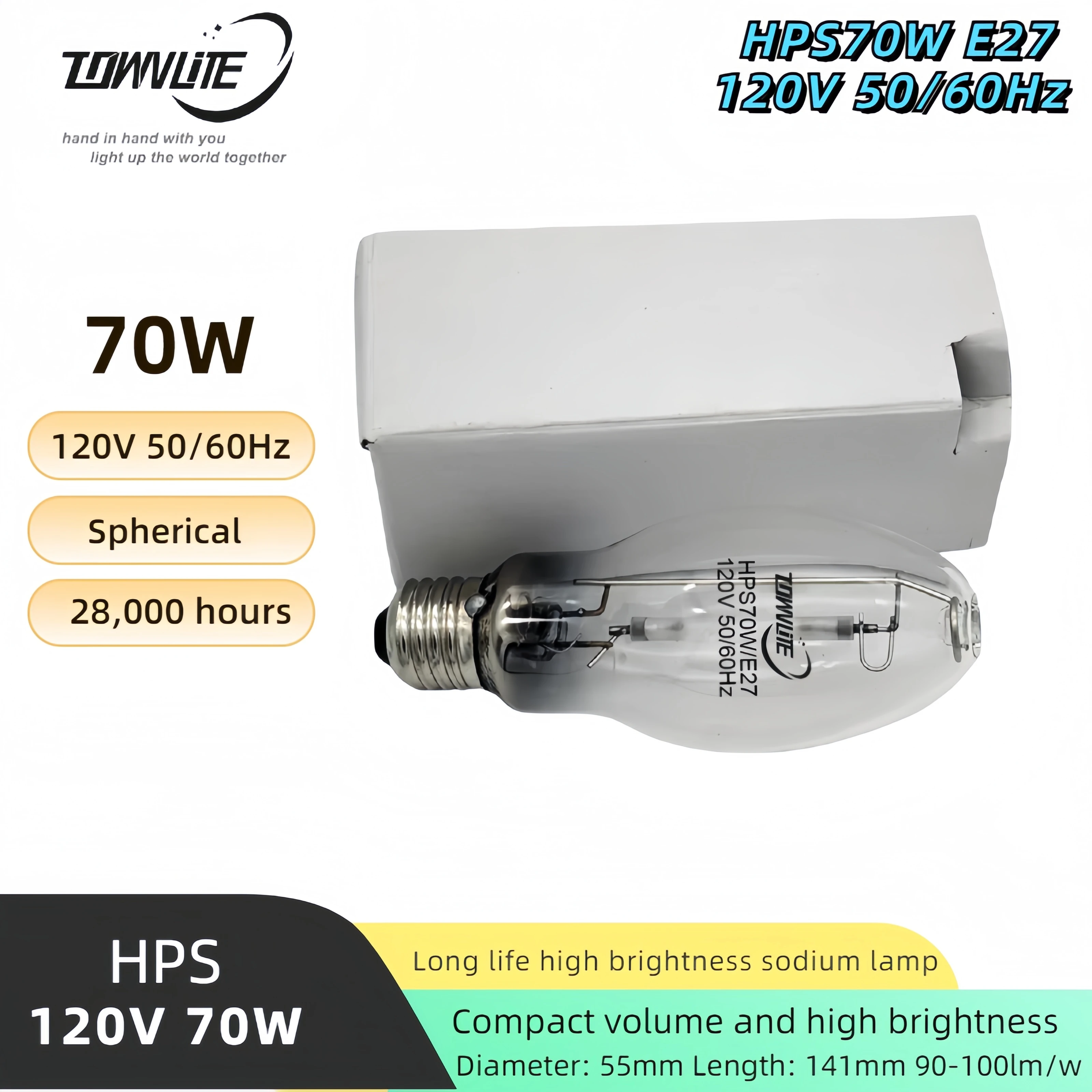 High luminous efficiency transparent spherical US standard ED55 28000Hours 120v 50/60Hz HPS70W E27 low pressure sodium lamp