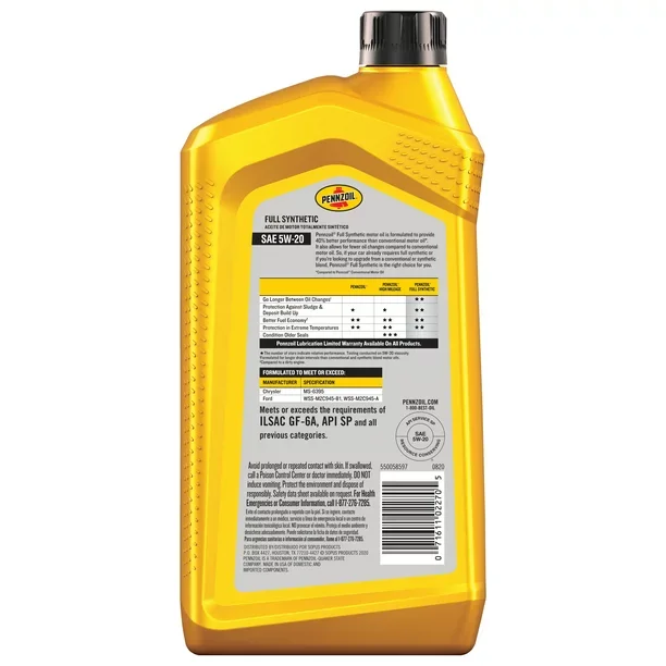 Pennzoil Full Synthetic 5W-20 Motor Oil Lubricant  Car Oil 1 Quart 0.946 Liter
