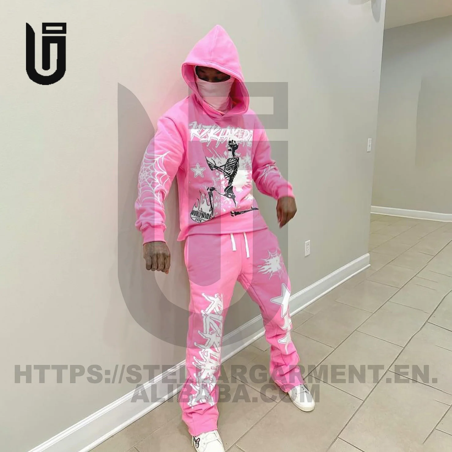 OEM Custom Logo Flared Sweatpants And Hoodie Set Clothing Manufacturer Mens Tracksuit Sweatsuit Cotton Black Heavyweight Hoddie
