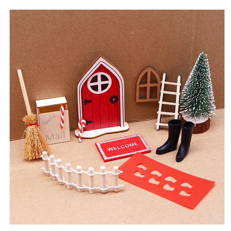 Christmas Elf Girl Enchanted Outdoor Xmas Decor Wooden Tiny Miniature Tooth Fairy Door House Decorations for Child (Red Door)