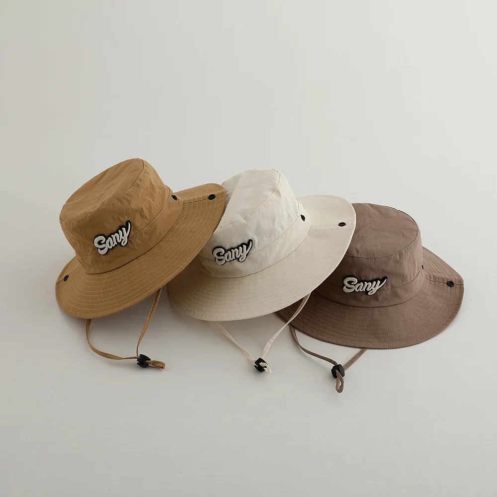 Kids Outdoor Sunshade Quick Drying Sun Hat 3D Letter Embroidery Solid Color Cotton Bucket Hat for Children