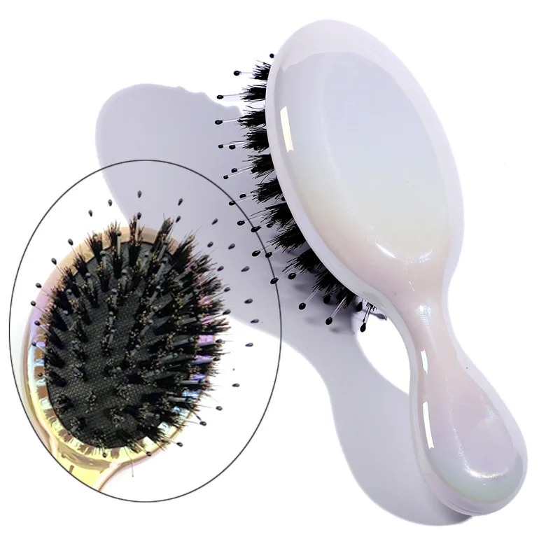 Dropshipping Natural Boar Bristle Hairbrush metallic shinny Massage Comb Anti-static Scalp Paddle Brushes  Round  rubber brushes