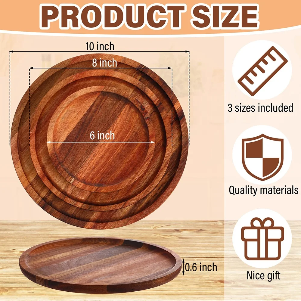 Luxury 6/8/10 inch wedding decorative dinner food serving dishes & plates round acacia wood charger plate wholesale wooden plate