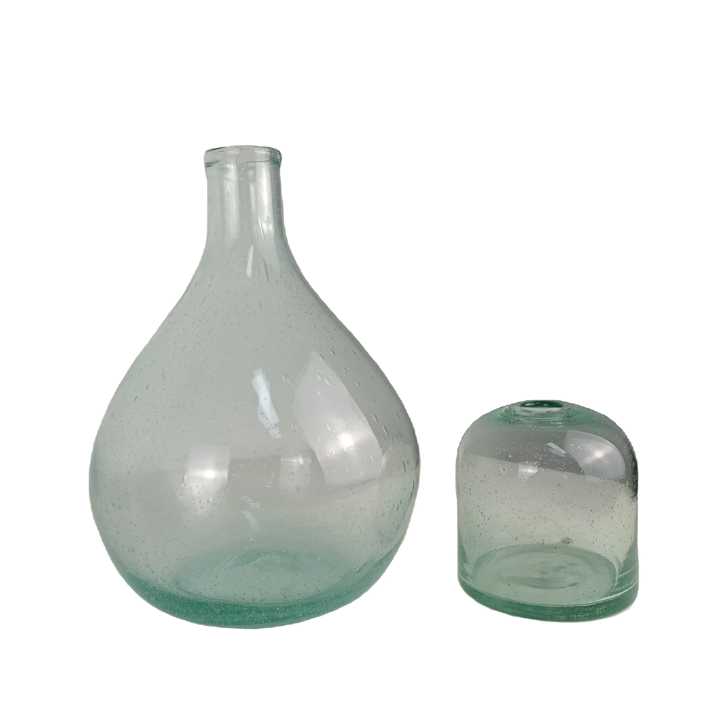 Round Recycled Light Green Clear Crystal Glass Vase With Bubble Effect