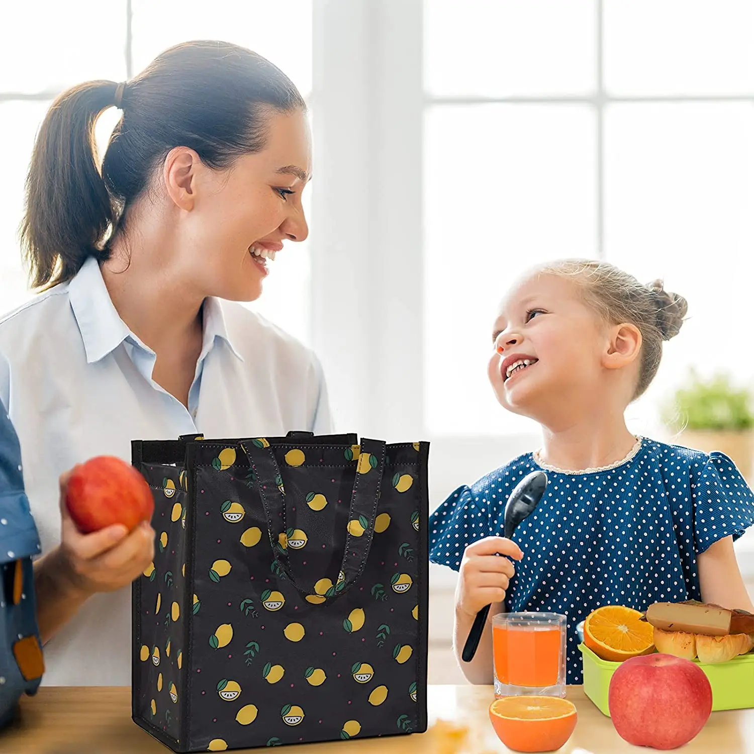 Lunch Bag, Insulated Lunch Bag Large Waterproof Adult Lunch Tote Bag For Women Men, Black Lemon