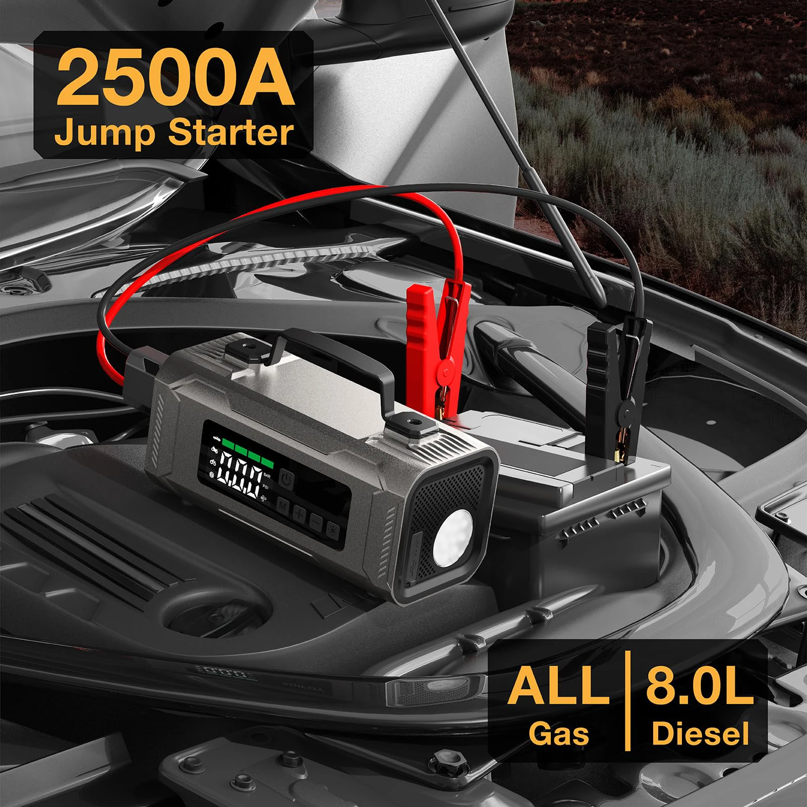 New Arrival 4-in-1 Portable Jump Starter 8000-14800mAh Power Bank Car Inflator Battery Booster 2500AMP Emergency Alarm