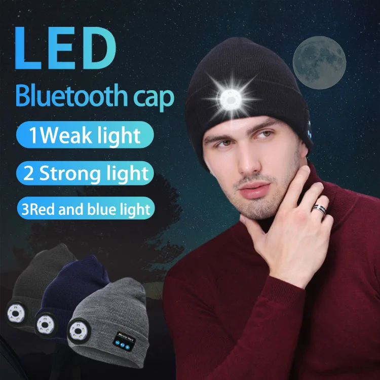 Беспроводная Bluetooth-гарнитура светодиодная световая Кепка уличная Ночная подсветка красный и синий свет Bluetooth шерстяная вязаная холодная шапка