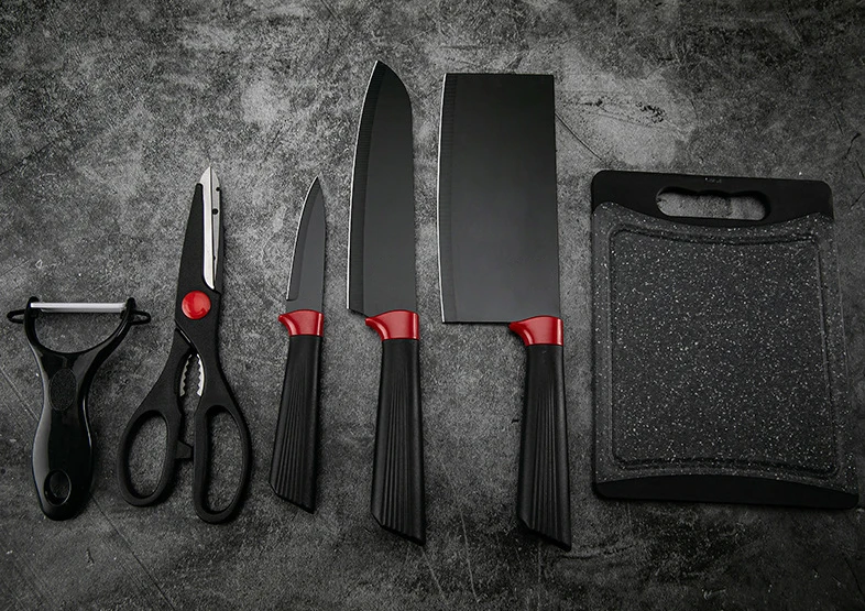 Fashion gift 6pcs stainless steel black kitchen knife set kitchen cooking scissors chef chopping peeler knives