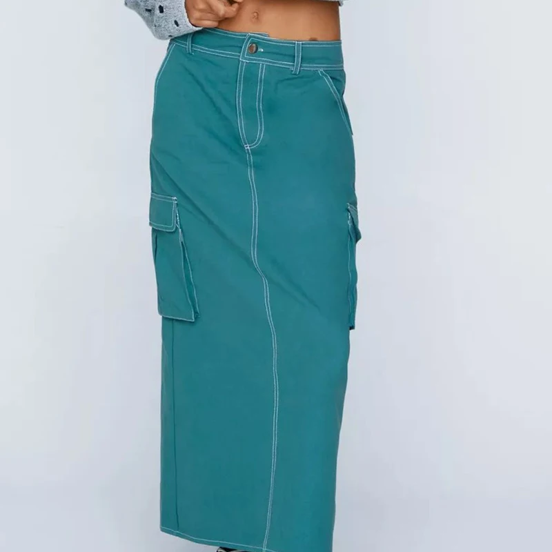 New Design Wholesale Custom Low MOQ Denim Plain Cargo Maxi Skirt For Women