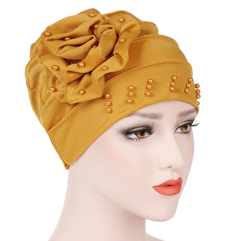Fashion muslim headwear hair accessories pearls beaded flower turban women hijab cap