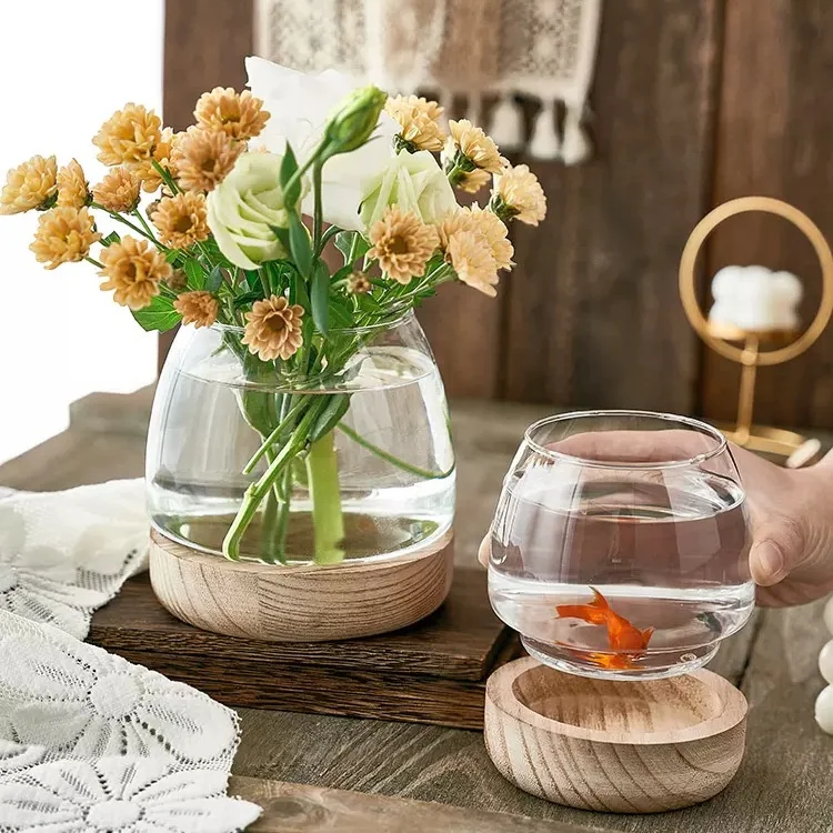 Luxury Custom Color Round Ball Shape Fish Bowl Flower Glass Vase with Wooden Stand For Home decorate