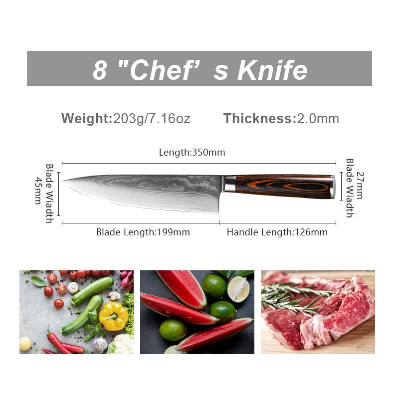 RUITAI 8 inch damascus steel chef knife pakkawood handle best kitchen knife chef