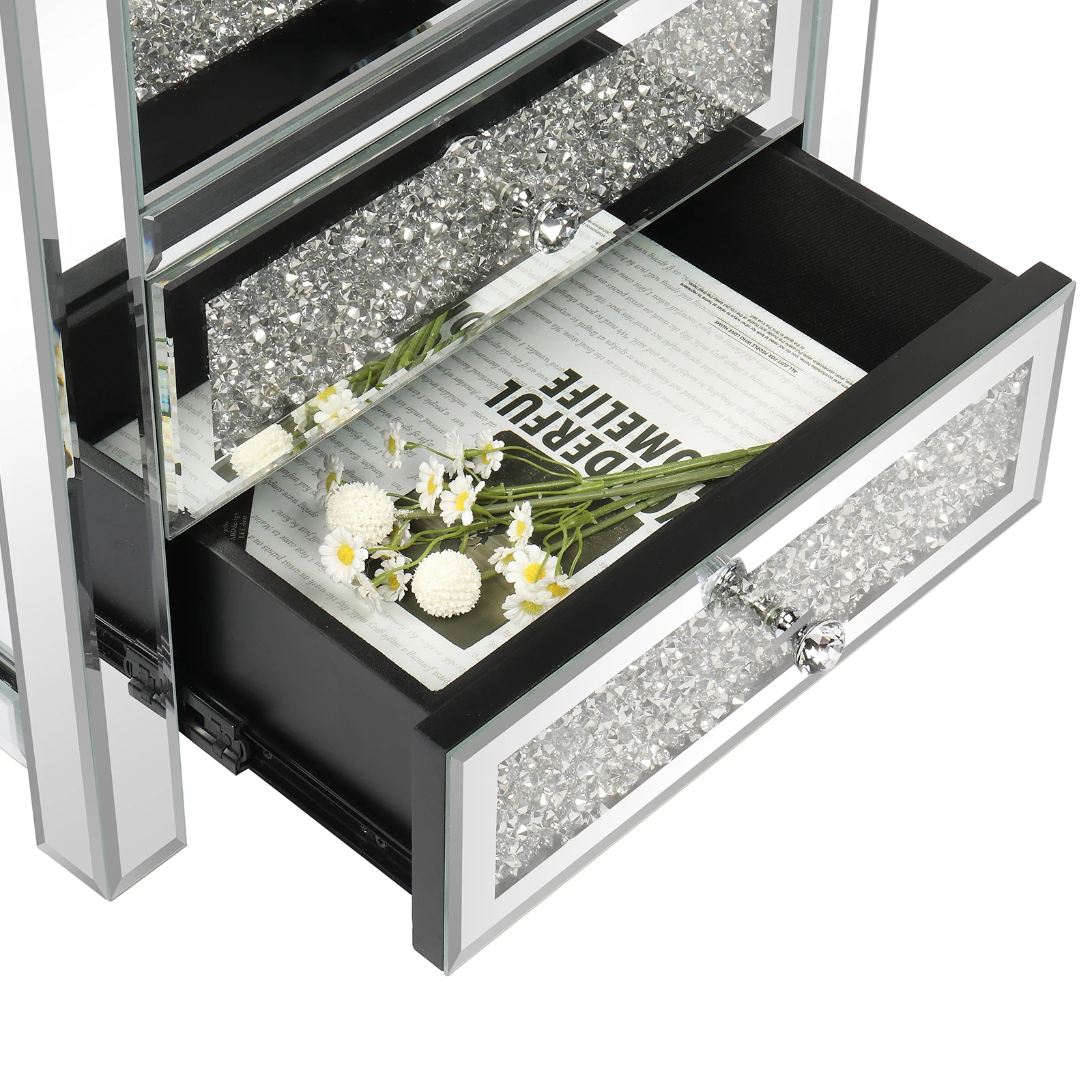 Modern Crushed Diamond Mirrored Nightstand with 2-Drawers Mirror Sofa Side Table End Table Silver Bedside Table for Living Room