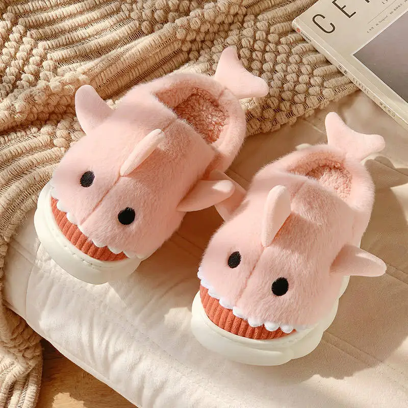 New Fashion Warm Non Slip Lovely Plush Children Slippers Funny Animal Shark Cotton Slippers Kids Thick Soles Home Slipper Winter