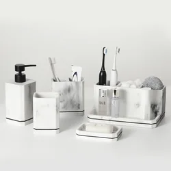 Custom Resin Bathroom Set Lotion Dispenser Soap Dish Tumbler Bathroom Accessories Set Marble White Resin Bathroom Accessories