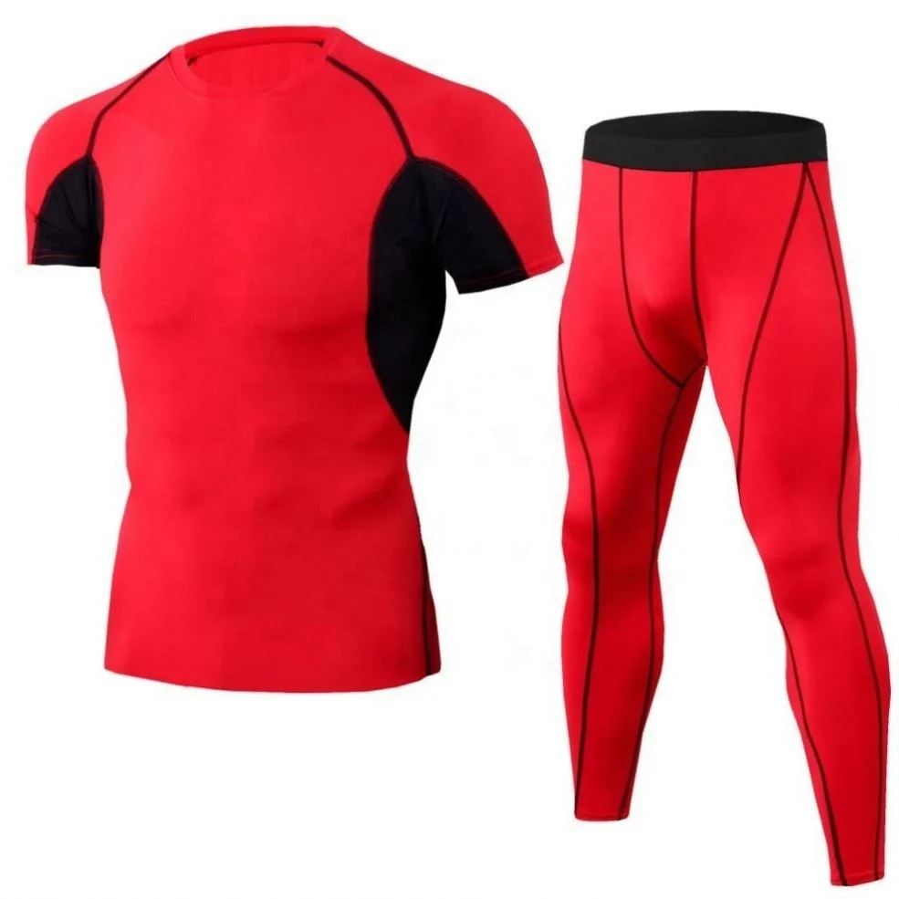Hot Selling Custom Polyester Spandex Short Sleeve Two Piece Workout Gym Clothing Fitness Wear Set For Men Tights