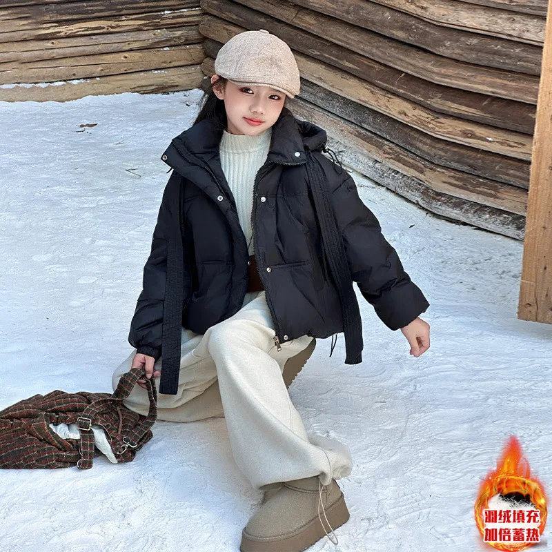 2024 New Teenagers Girls Winter Children Girl Solid Purple Gray Black Thicken Warm Down Coat 5-15 Years