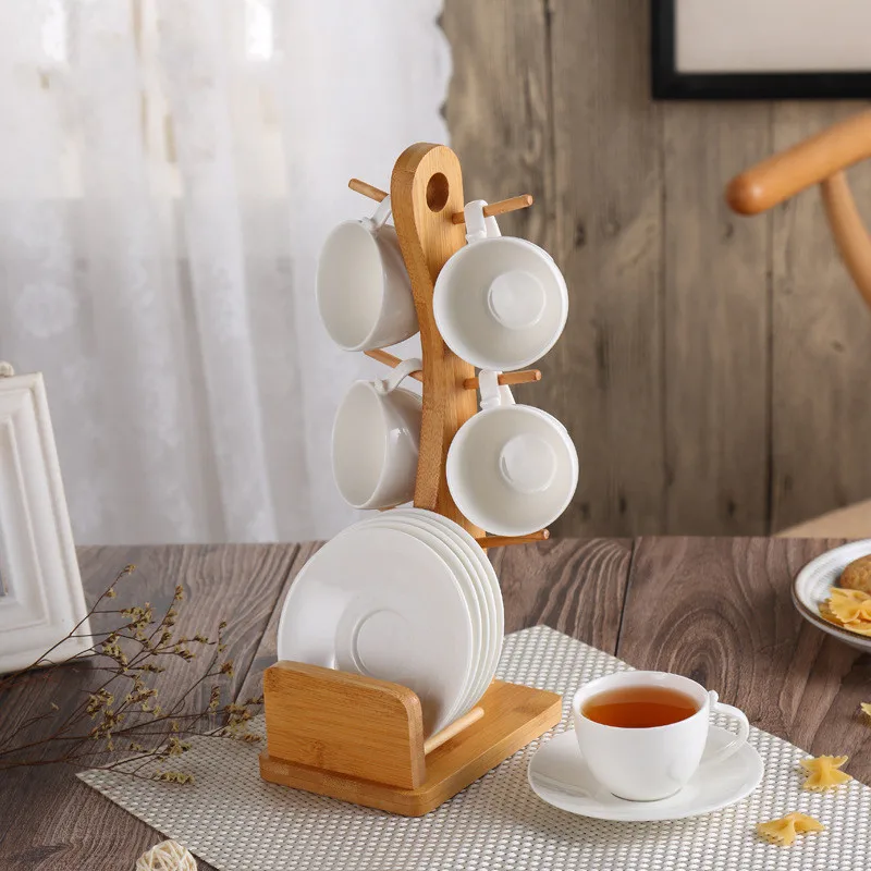 Акция, высококачественные керамические многоразовые 6 чашек, 6 блюдец, набор кофейных чашек с деревянной подставкой