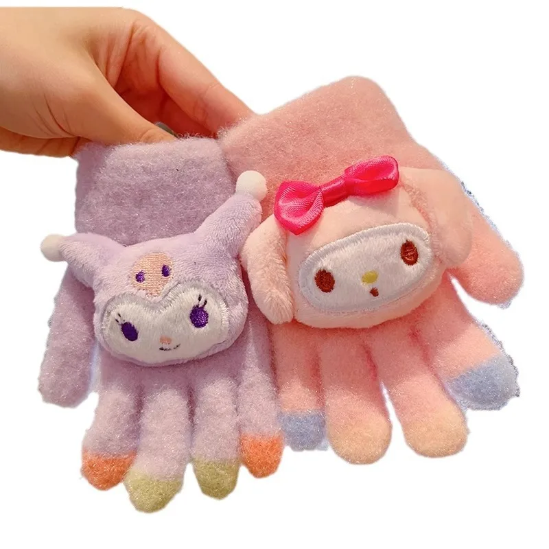 Botu kawaii Sanrioed cinnamon Children Gloves Cute Kulomi Melody  Children Thicken Warm winter Glove Student Five-finger Glove