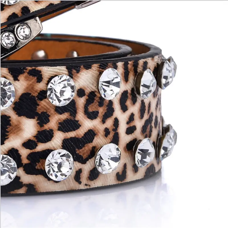 customizable Women Girls Leopard Waistband Alloy PU Leather Waist Belts Rhinestone Leopard Buckle Belt