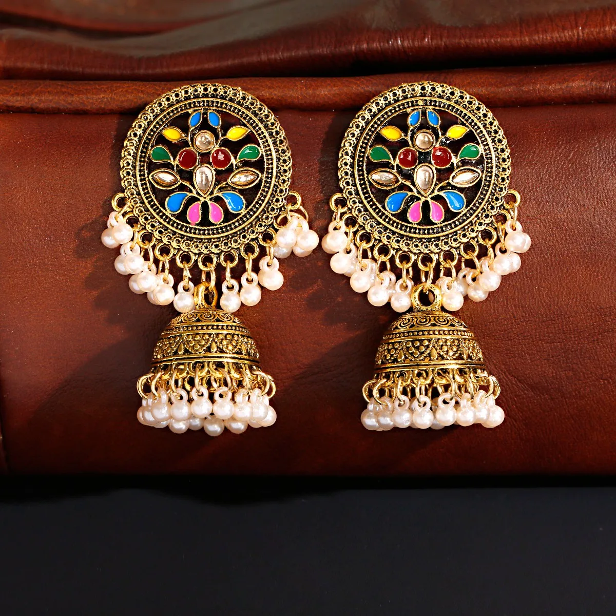 Women Boho Vintage Antique Gypsy Tribal Indian Oxidized White Pearl Drop Flower Gemstone Jhumka Jhumki Earrings Set Jewelry