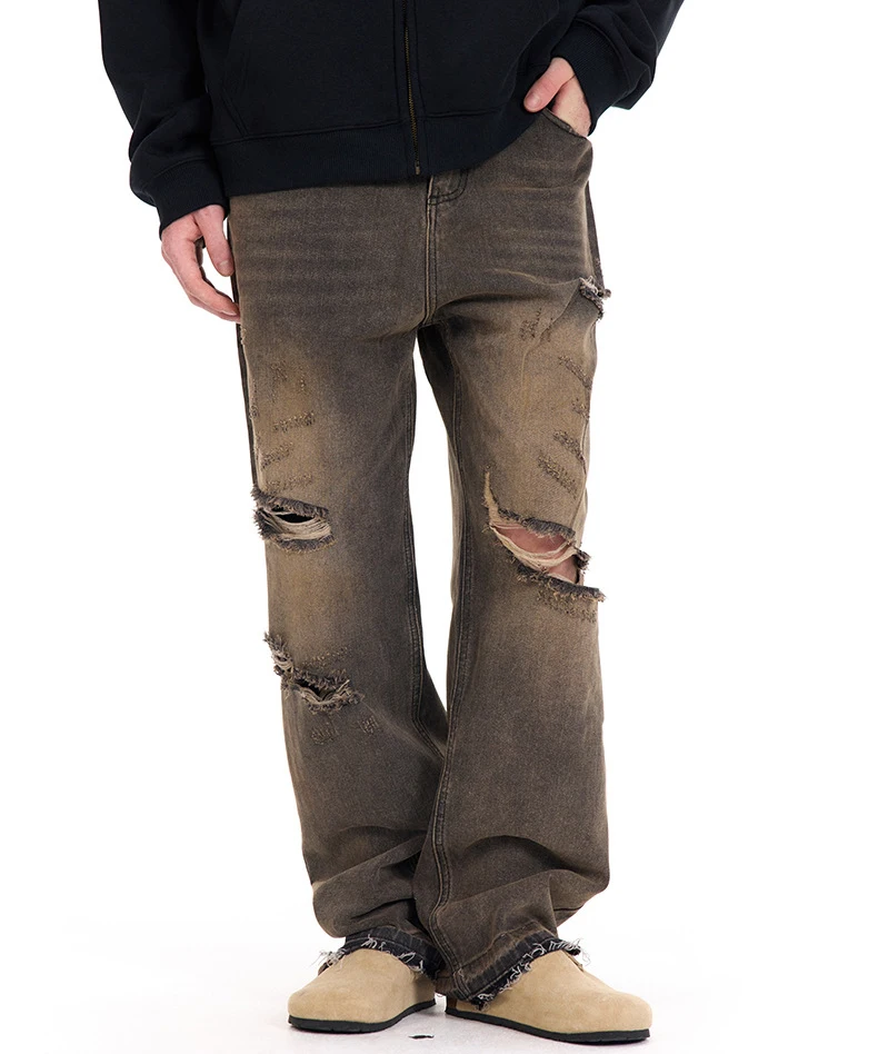 Base Wash Foot Breakage Worn Out To Make Old Casual Straight Tube Ripped Loose Jeans For Men