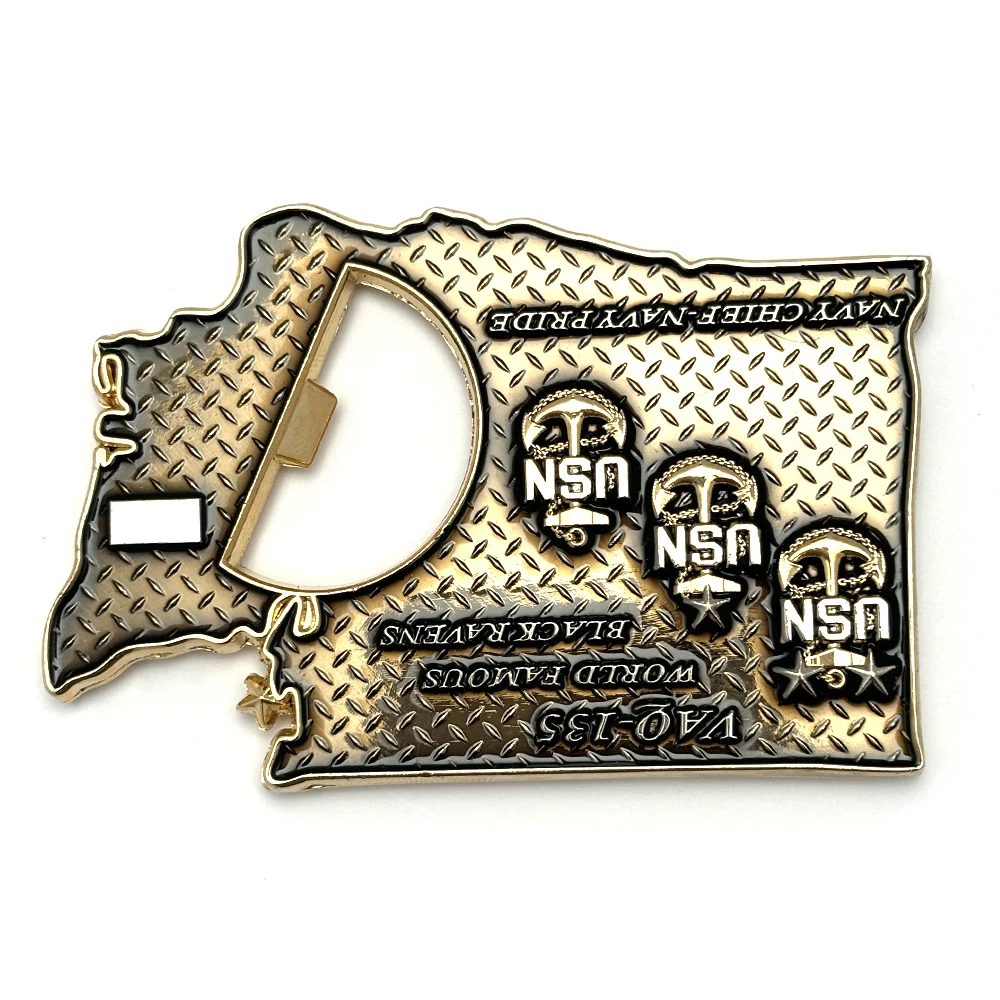 High Quality 2024 Custom American Challenge 3D commemorative coin plated soft enamel coin USN bottle opener design Metal Crafts