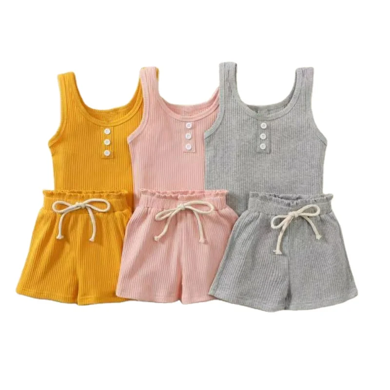 Australia US Summer Kids Girls Outfits Sleeveless T-shirts with Strap Shorts Ribbed Cotton Children Clothing Sets for 1-7 Years
