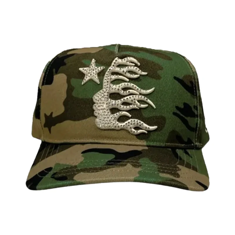 Camo Green Flat Brim 6 Panel Baseball Cap Gorras Hellstar Rhinestone Shark Teeth Snapback Hat