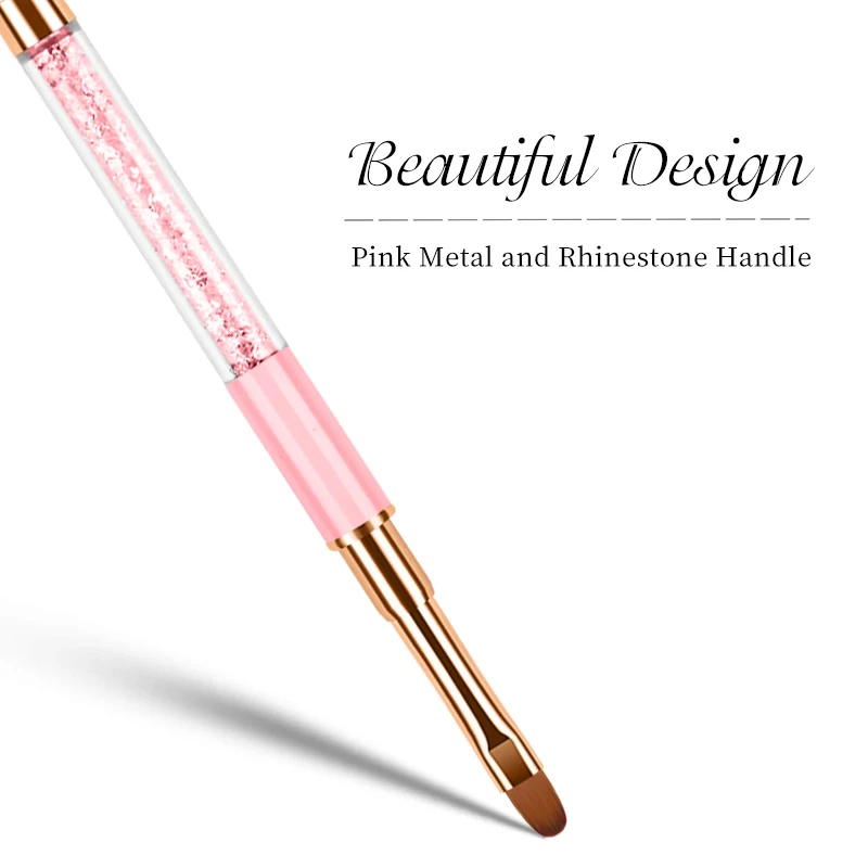 Nail Art Pink Brush Manicure Tools Custom Logo Japanese Kolinsky Hair Flat/Oval UV Gel Brush Rose Gold  With Crystal Handle