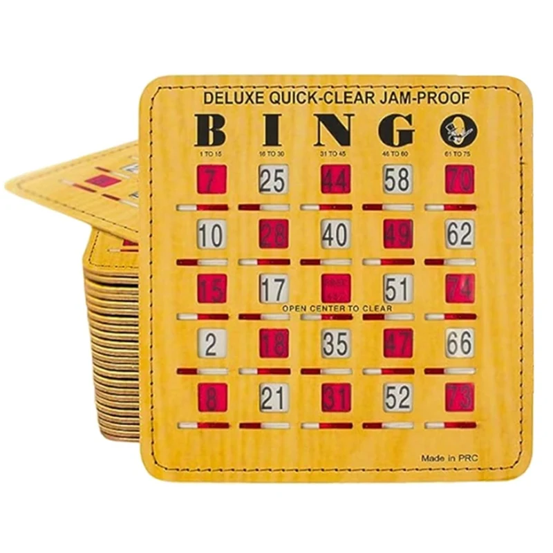 25 Pack in Woodgrain Style Bingo Cards Jam-Proof Quick Clear Deluxe Fingertip Slide Bingo Cards with Sliding Windows