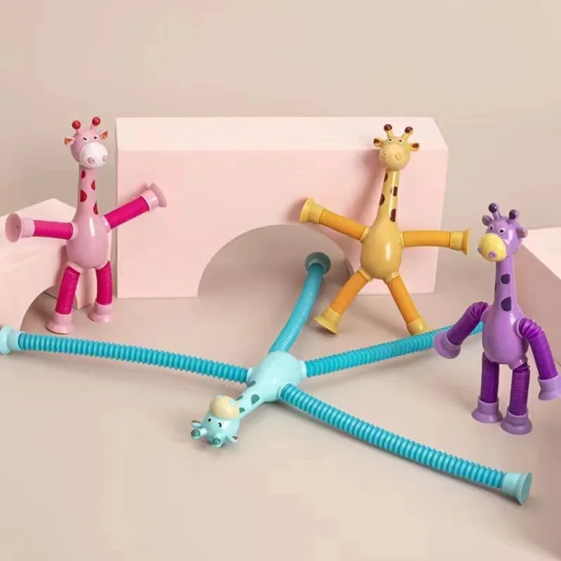 Hot Sell Stretching tube giraffes novel pressure relief toy cartoon sucker telescopic tube giraffe changeable shape light
