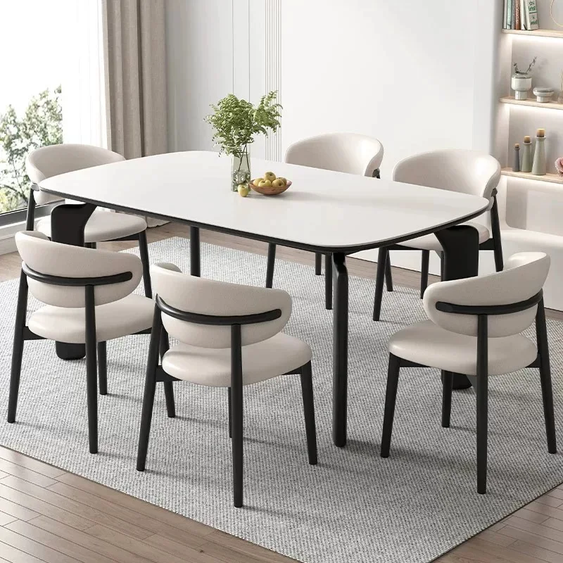 Modern Simple Light Luxury Rock Slab Dinning Table Set For 6 Chairs Solid Wood Frame Rectangular Restaurant Hotel Dining Table