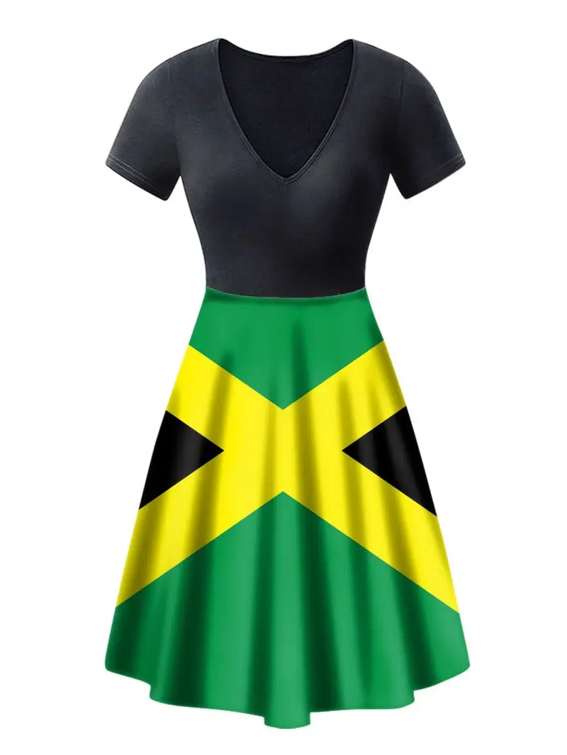 Wholesale Women Casual Dress Summer Jamaica Flag Print Loose Swing Short Sleeve Knee Length V Neck Elegant Tunic Dress