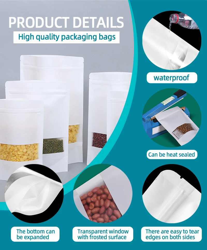 White Kraft Stand up Pouch Paper Spice Bag Resealable Packaging Plastic Paper  Pouch With Window Customized Logo for Food Tea