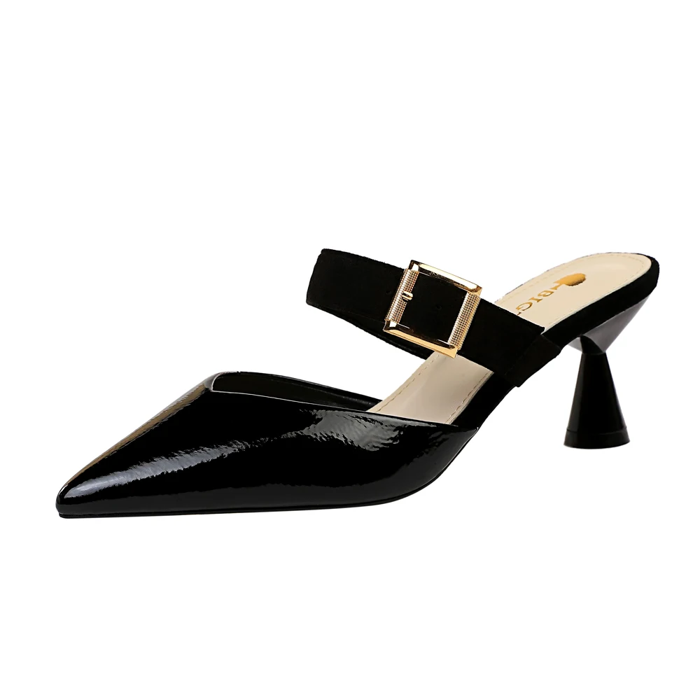 906-1Korean version of the simple baotou slippers high-heeled shallow mouth pointed metal belt buckle hollow female slippers