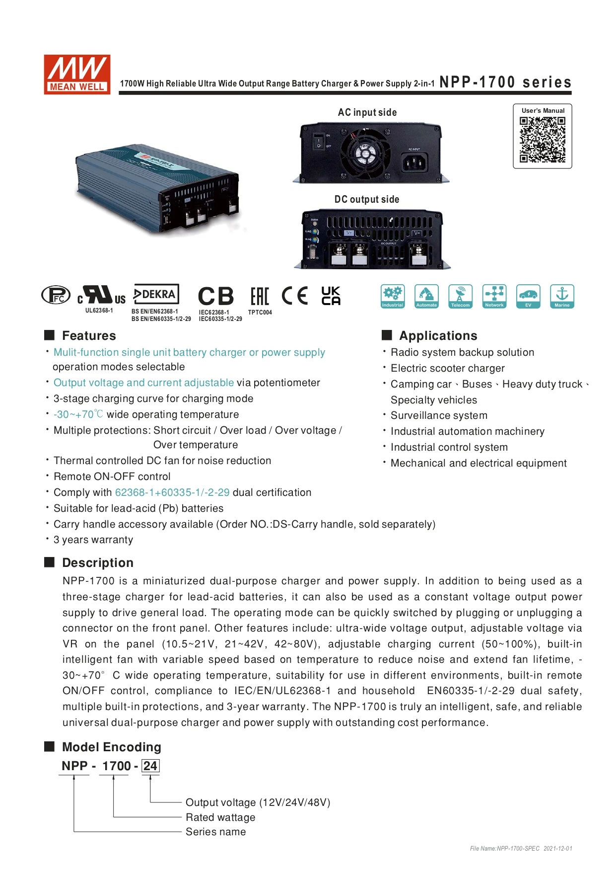 Meanwell NPP-1700-48 57.6V 42 To 80V 12.5~2.5A 1700W Modular Power Supply