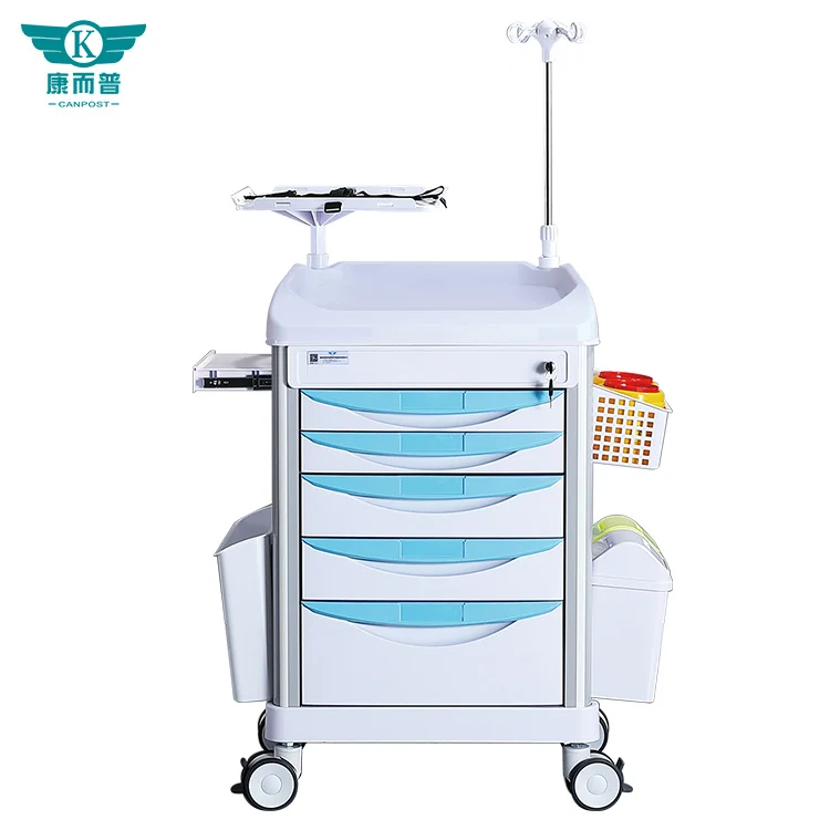 Hospital ABS mobile medical equipment emergency trolley with instrument table and retractable infusion rod emergency trolley
