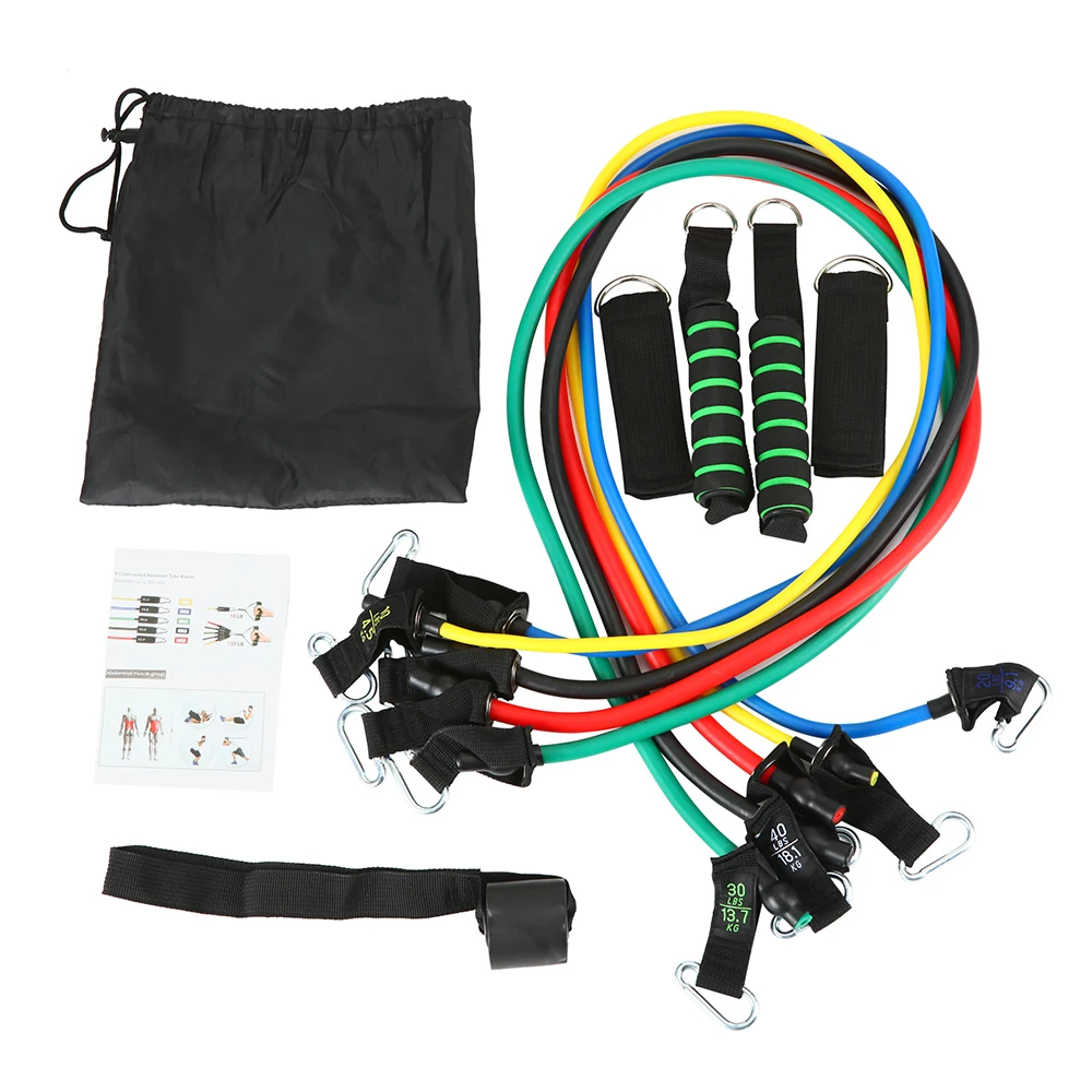 
High Quality 11pcs Latex Resistance Band Set With Foam Handles For Abs Exercise Workout Fitness Kits 